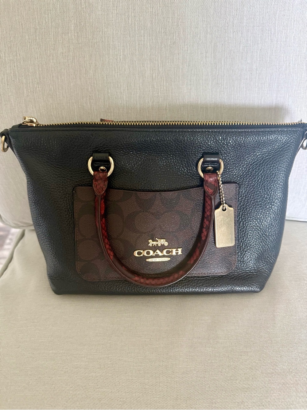 COACH Mini Emma Satchel Black Pebbled Leather Mixed with Signature Canvas